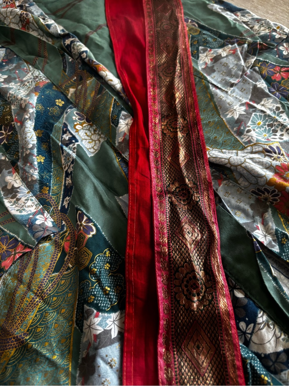 Vintage Japanese Kimono Robe XL Green Floral Cotton Belted Yukata - Picture 8 of 12